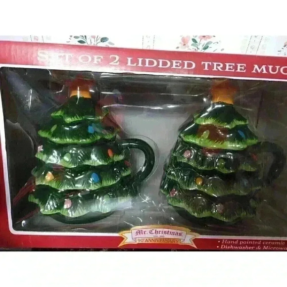 Mr. Christmas Ceramic Decorative Christmas Tree Lidded Mugs, 16oz, Set of 2 - Picture 3 of 4